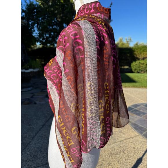 MSRP $330✨ Gucci Metallic Logo Scarf Wrap – 70” x 20” | Brown Pink Chartreuse ✨ - Picture 8 of 10